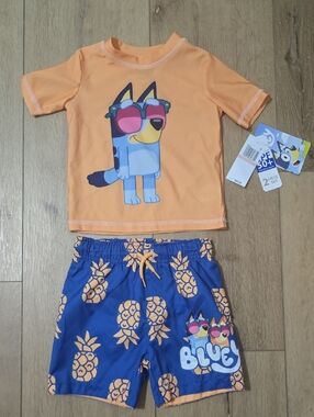 Bluey Boys Pineapple Rash Guard Swim Set UPF 50+ Blue & Orange 2t 3t 4t